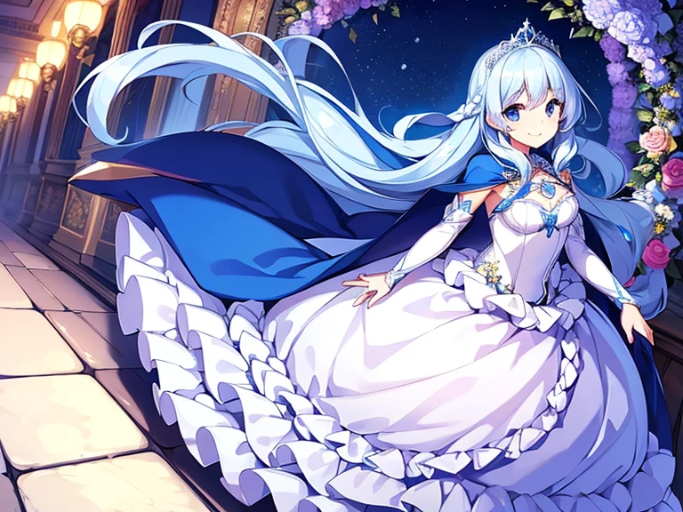 best quality,(long train blue cape:1.15),(long train white ball gown with floral decoration:1.15), a girl is wearing a cape over her dress, anime style, rococo style, little princess, tiara, kind smile, very long hair, small breast, perfect fingers, masterpiece