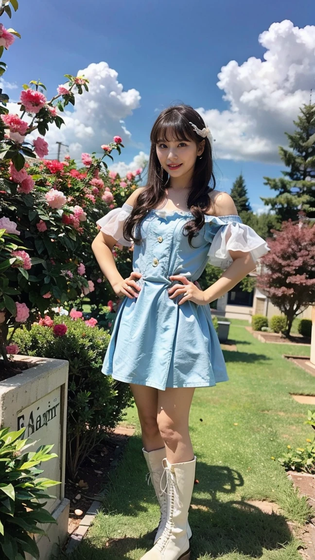 (8k、RAW Photos、Highest quality、masterpiece:1.2)、(Highest quality、Realistic)、1 Girl、((Frills、Costume with lines、Lace Material、White and light blue、Anime Cosplay、Check mini skirt、Off the shoulder、Idol Costume、ribbon、See-through、Thin legs、whole body、boots、garden、View from the front、Looking into the camera、Stand with hands on hips))、cute