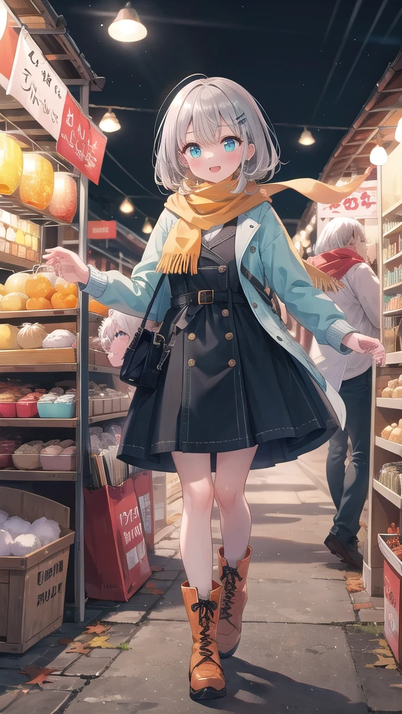 (8K, best quality, master piece: 1.3),super high resolution,1 girl, solo, full body ,ultra-detailed face, silme, (silver gray hair), thin hair clip, cyan colorshift eyes, expressive eyes, Ecstatic expression, Casual autumn wear, wool, cotton, brown, orange, scarf, boots, Bustling market, red, yellow, blue, bright and colorful