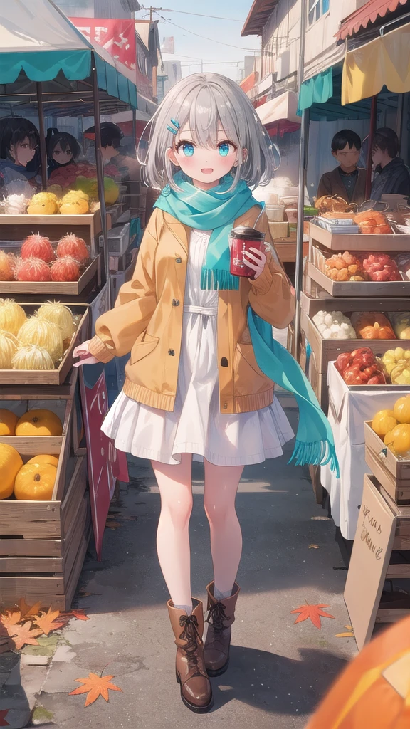 (8K, best quality, master piece: 1.3),super high resolution,1 girl, solo, full body ,ultra-detailed face, silme, (silver gray hair), thin hair clip, cyan colorshift eyes, expressive eyes, Ecstatic expression, Casual autumn wear, wool, cotton, brown, orange, scarf, boots, Bustling market, red, yellow, blue, bright and colorful