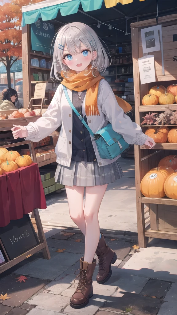 (8K, best quality, master piece: 1.3),super high resolution,1 girl, solo, full body ,ultra-detailed face, silme, (silver gray hair), thin hair clip, cyan colorshift eyes, expressive eyes, Ecstatic expression, Casual autumn wear, wool, cotton, brown, orange, scarf, boots, Bustling market, red, yellow, blue, bright and colorful