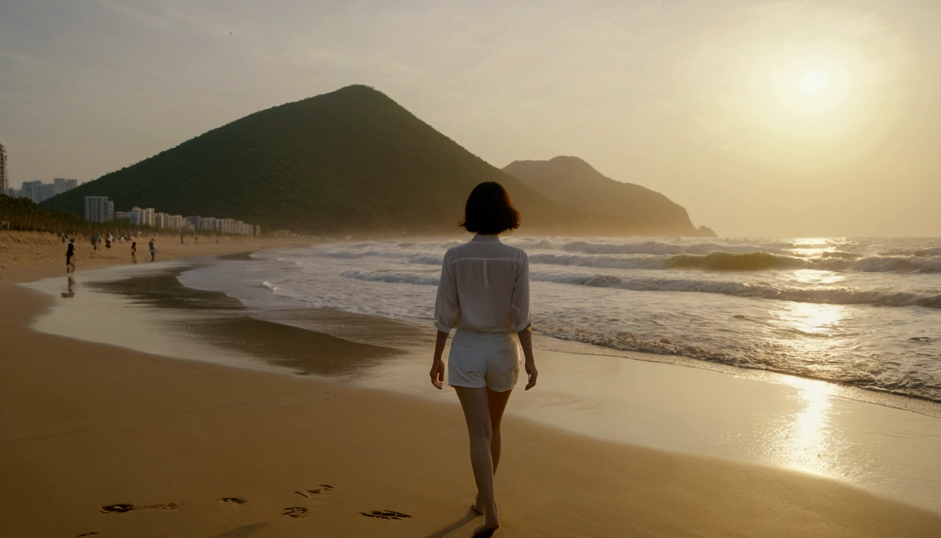 8k, realistic, lifelike photo, Realistic appearance of nature, beach at sunset, pale light, 36 year old Korean woman, short medium hair, Da Nang Beach, woman walking along the beach. Close-up from afar with a wide-angle lens, tower, White shorts, waves crashing, Clear picture quality