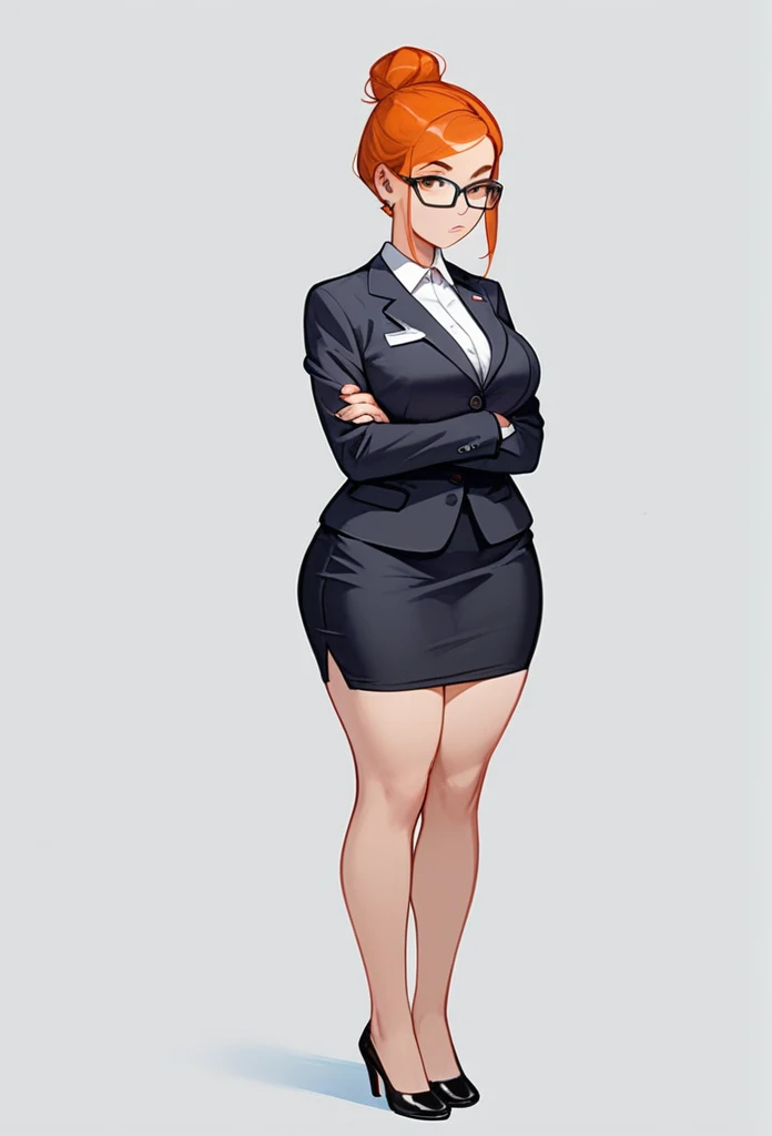 authoritative pale adult woman, large breasts, very thick thighs, thick calves, massive thighs, wide hips, short ginger hair in a sleek hairbun, glasses, tight black blazer, tight black pencil skirt, mid-thigh black pencil skirt hem, thick thighs pressed together, very thick legs, thick calves, wearing black high heels, bored expression, strict teacher, facing forward, she is standing, legs and feet in the photo, crossing arms under her chest, straight face, raised eyebrow, full body shown, voluptuous, detailed face, 8k quality, professional, full body shown, staring, strict facial expression