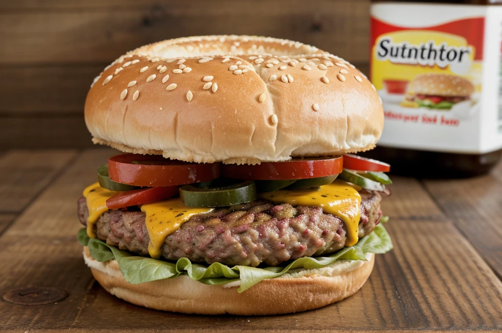 a hamburger sitting on top of a wooden table, a stock photo, shutterstock, close up shot a rugged, advert, canvas print, close - up profile
