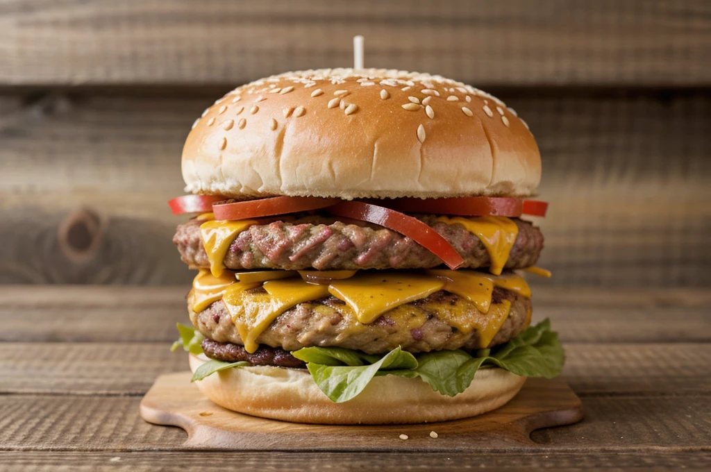 a hamburger sitting on top of a wooden table, a stock photo, shutterstock, close up shot a rugged, advert, canvas print, close - up profile