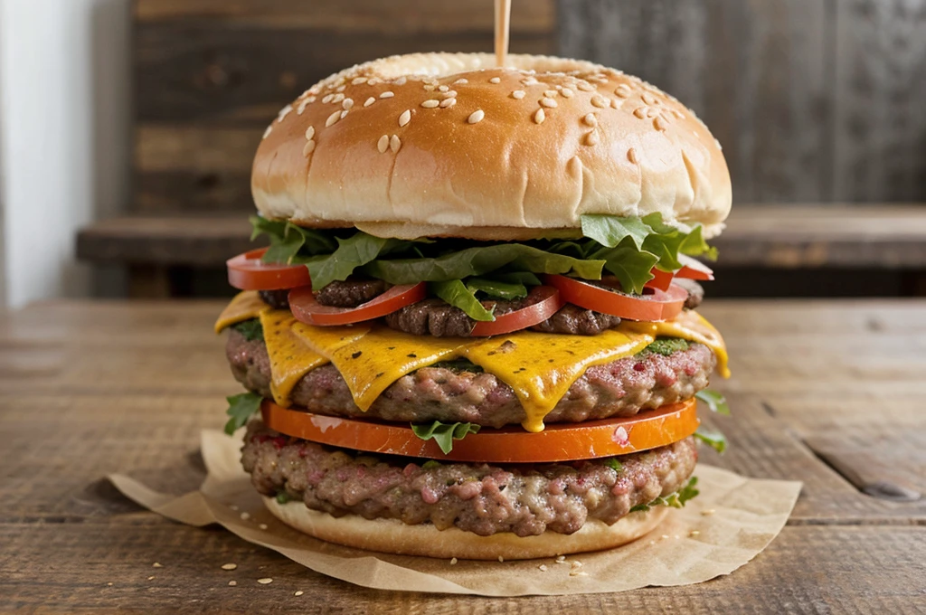 a hamburger sitting on top of a wooden table, a stock photo, shutterstock, close up shot a rugged, advert, canvas print, close - up profile