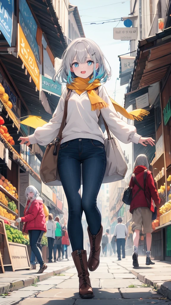 (8K, best quality, master piece: 1.3),super high resolution,1 girl, solo, full body ,ultra-detailed face, silme, (silver gray hair), thin hair clip, cyan colorshift eyes, expressive eyes, Ecstatic expression, Casual autumn wear, wool, cotton, brown, orange, scarf, boots, Bustling market, red, yellow, blue, bright and colorful