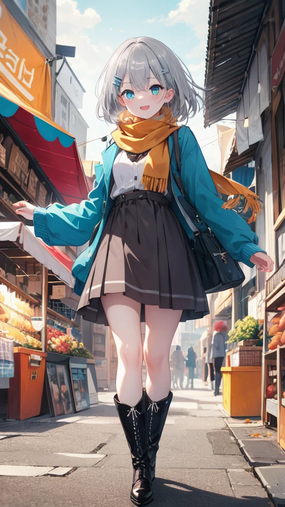 (8K, best quality, master piece: 1.3),super high resolution,1 girl, solo, full body ,ultra-detailed face, silme, (silver gray hair), thin hair clip, cyan colorshift eyes, expressive eyes, Ecstatic expression, Casual autumn wear, wool, cotton, brown, orange, scarf, boots, Bustling market, red, yellow, blue, bright and colorful