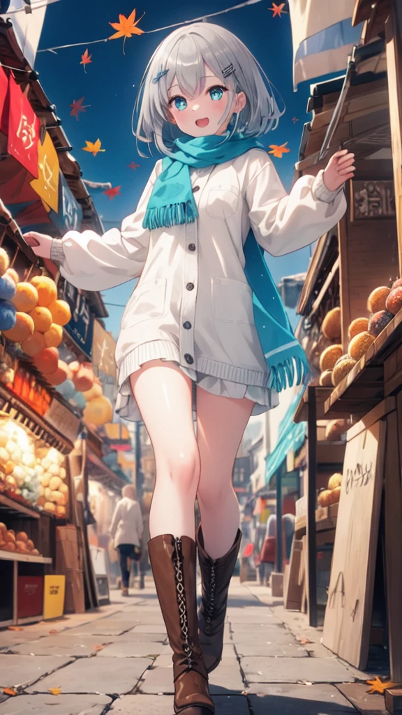 (8K, best quality, master piece: 1.3),super high resolution,1 girl, solo, full body ,ultra-detailed face, silme, (silver gray hair), thin hair clip, cyan colorshift eyes, expressive eyes, Ecstatic expression, Casual autumn wear, wool, cotton, brown, orange, scarf, boots, Bustling market, red, yellow, blue, bright and colorful