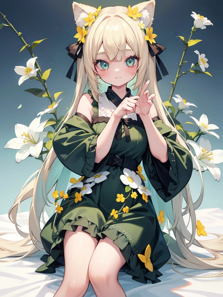 1girl, animal ears, pale blonde hair, ash blonde hair, minty green dress, yellow flowers, mint green flowers, white flowers, blossoms, cute, fun pose, extremely detailed, photorealistic, 8k, high quality, masterpiece, studio lighting, vibrant colors, professional digital art, 1girl, animal ears, pale blonde, ash blonde, minty green, color palette: (yellow, mint, white), flowers, blossoms, cute, extremely detailed, fun pose