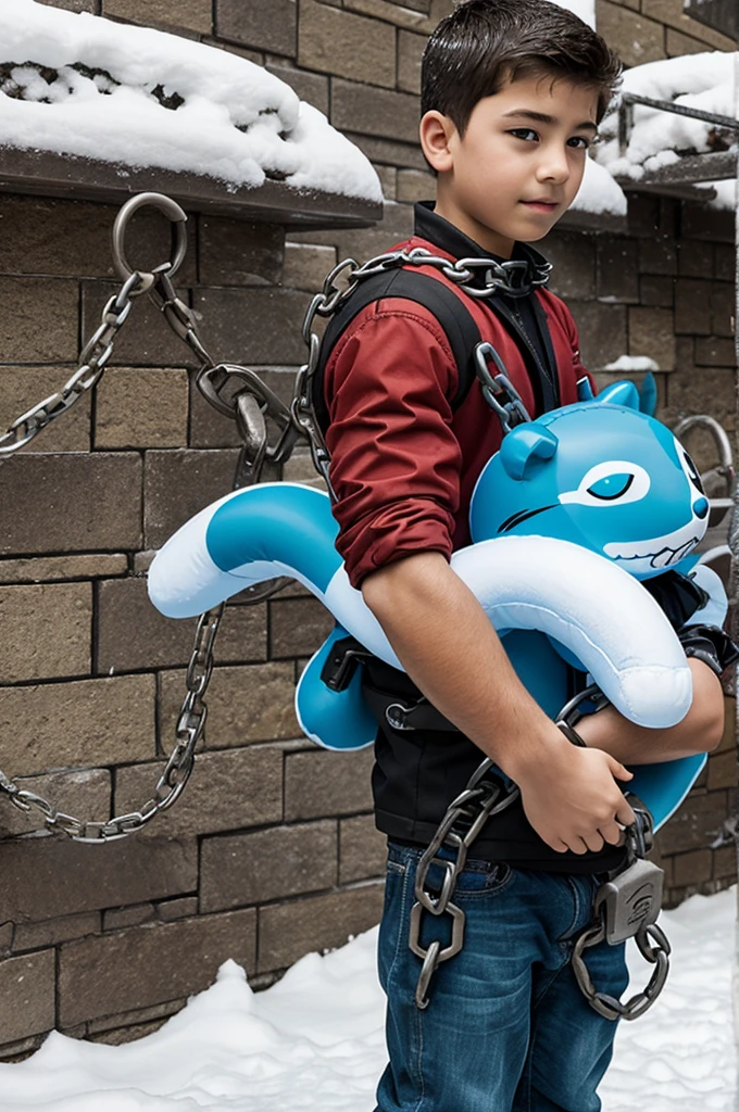 boy being forced lifted by a pooltoy and with chains on his wrist and locked on the holders of the pooltoy, the pooltoy being a snow leopard
