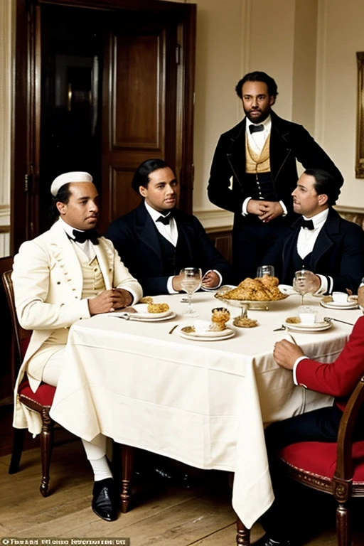 **image**: A group of men in 19th century costumes around a table.
- **Top text**: "When Creole elites meet to discuss the future of the country"
- **Bottom text**: "But they are only securing their own interests"