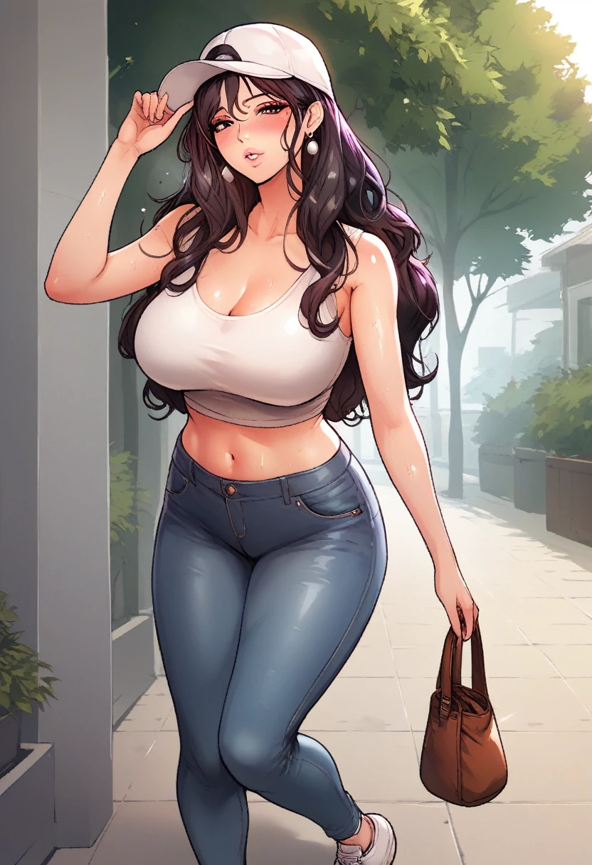 score_9, score_8_up, score_7_up, score_6_up, score_5_up, score_4_up, yu hee, brown eyes, black hair, long hair, large breasts, mature woman,  1girl, long_hair, blush, sweat, purple_eyes, lips, purple_hair, solo, 1girl, solo, pants, white_footwear, hat, midriff, shoes, standing, outdoors, looking_at_viewer, full_body, crop_top, jewelry, denim, earrings, jeans, tree, plant, white_pants, baseball_cap