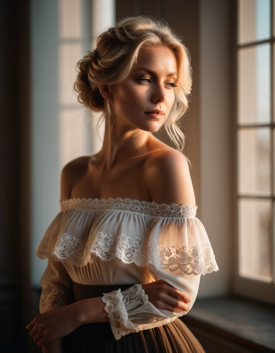 a character photo portrait of a danish woman with ash blonde hair wearing a romantic style, Off Shoulder Lace Blouse and Long Tiered Skirt., a character portrait by Matej Sternen, Pexels contest winner, tonalism, Backlit portrait, Soft light portrait, dramatic light on the face