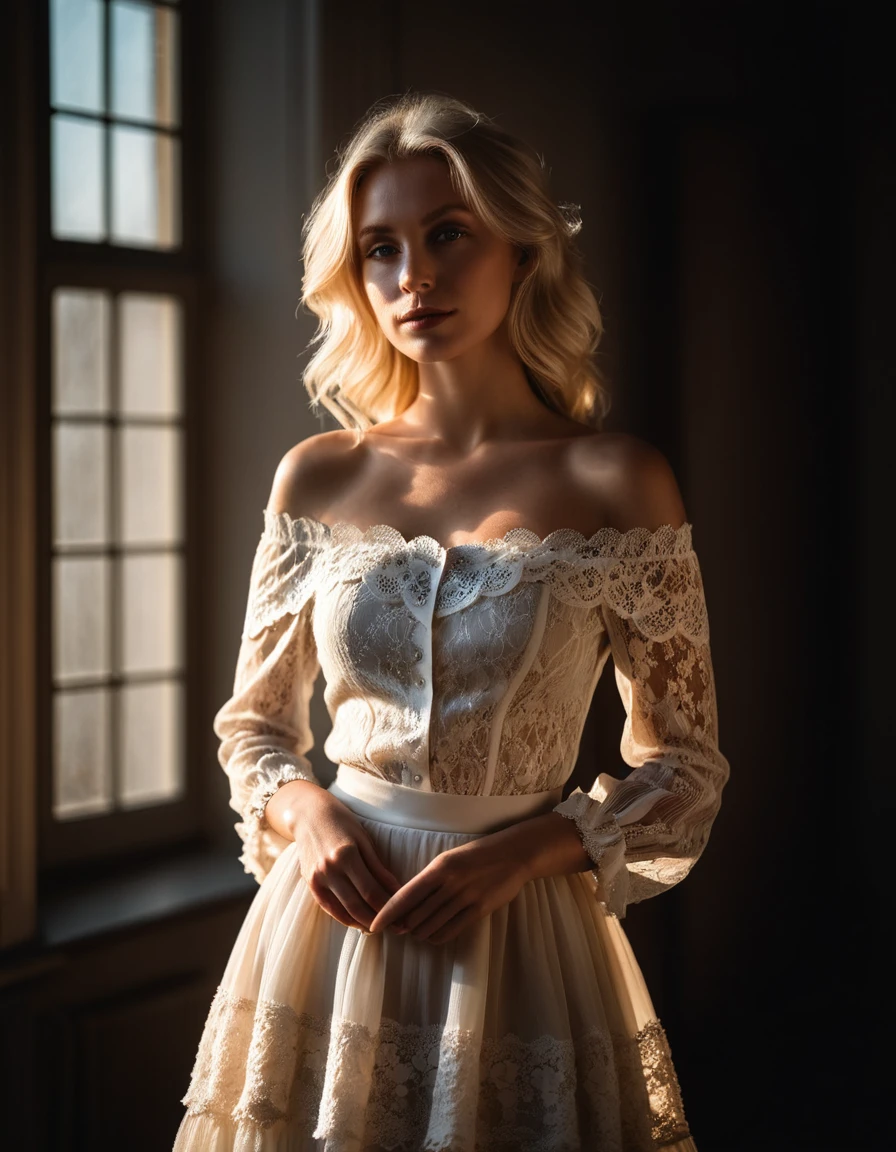 a character photo portrait of a danish woman with ash blonde hair wearing a romantic style, Off Shoulder Lace Blouse and Long Tiered Skirt., a character portrait by Matej Sternen, Pexels contest winner, tonalism, Backlit portrait, Soft light portrait, dramatic light on the face