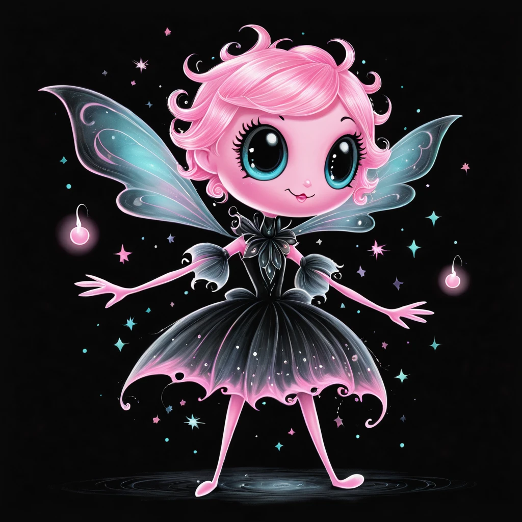 A will-o'-the-wisp character, pastel pink, black background