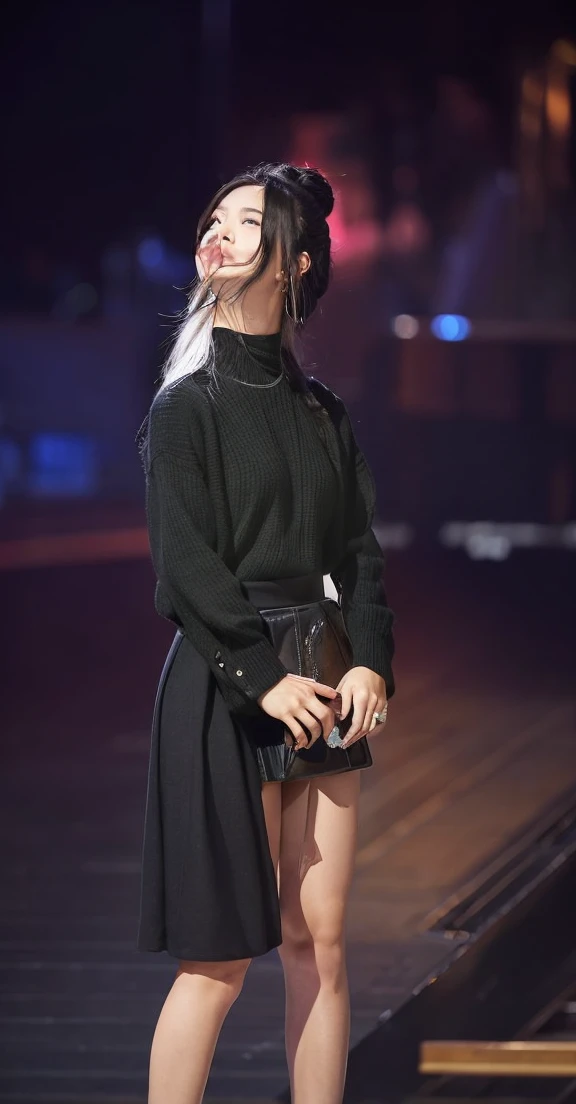 1 beautiful woman was wearing a black long-sleeved shirt and a black skirt and her hair was white 