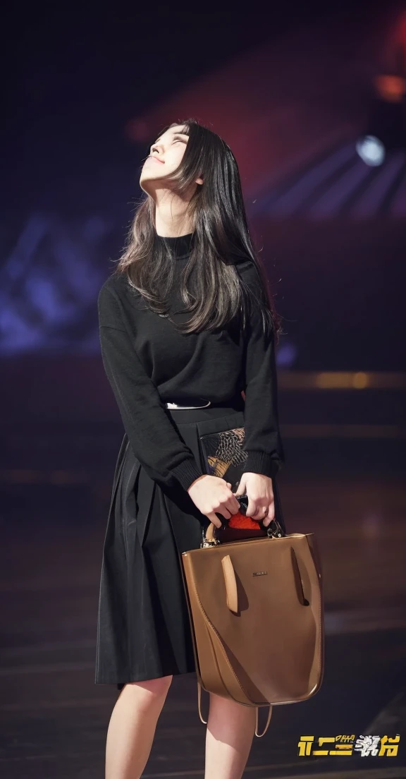 1 beautiful woman was wearing a black long-sleeved shirt and a black skirt and her hair was white 