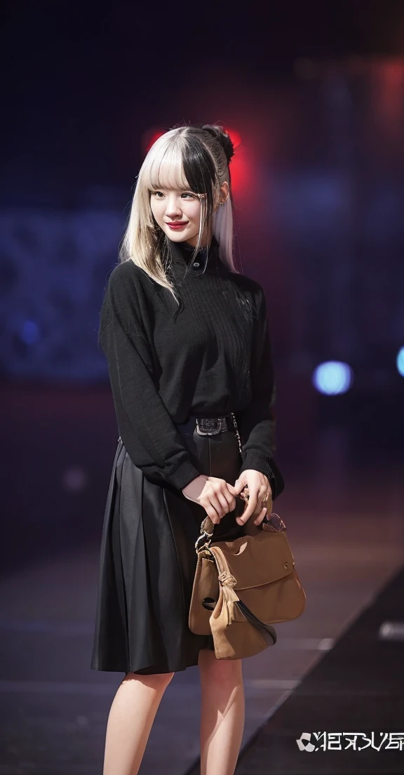 1 beautiful woman was wearing a black long-sleeved shirt and a black skirt and her hair was white 