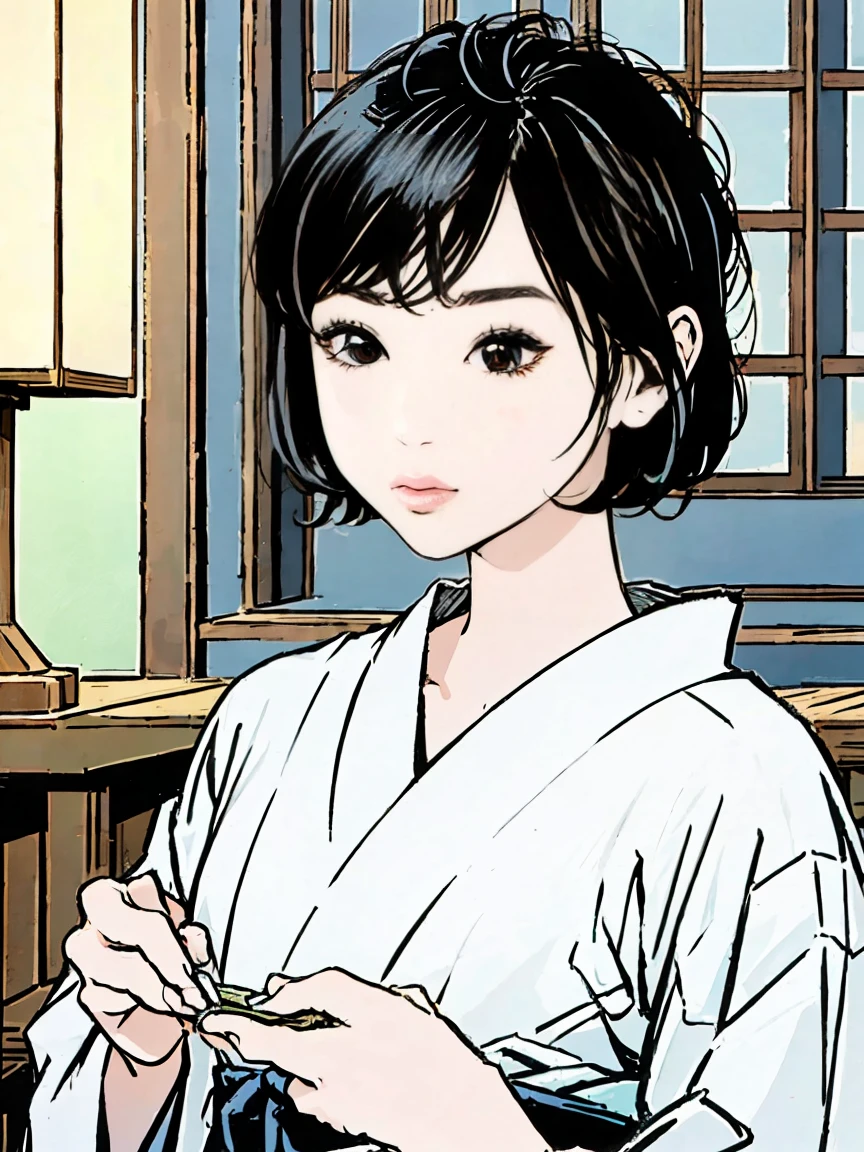 intricate detailed portrait of a young girl in a japanese shrine, beautiful woman wearing a traditional japanese yukata robe standing in a night garden with lanterns, short black hair, serene expression, soft lighting, (best quality,8k,masterpiece:1.2),realistic,photorealistic,cinematic lighting,intricate details,vibrant colors,dramatic lighting,portrait