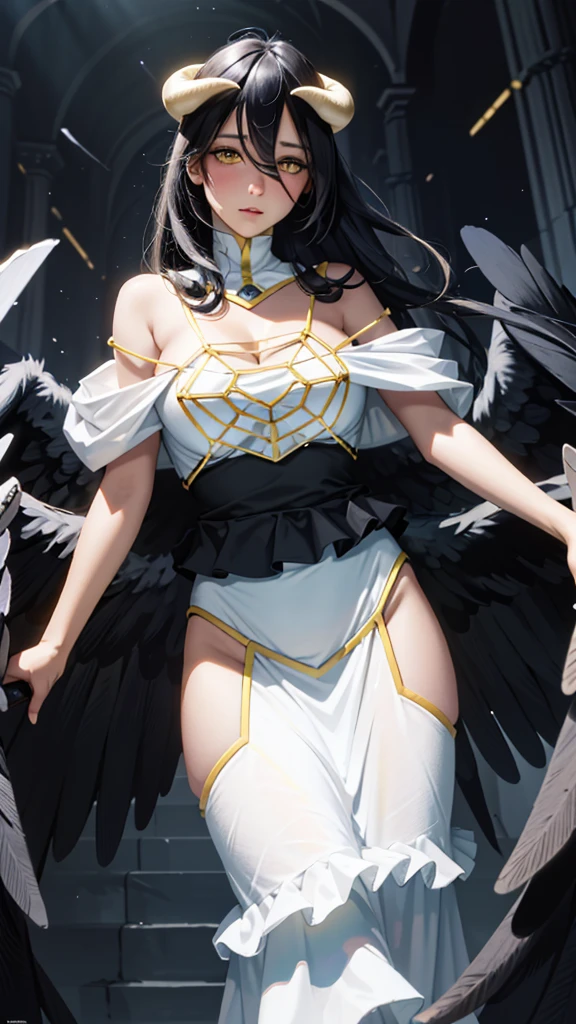 Masterpiece, Best quality, Ultra-detailed, illustration, epic lighting, Cinematic composition, isometry,(hexagons:1.2), 1girll, Horns, Solo, Yellow eyes, Black hair, Long hair, (Low wing:1.2), Large cleavage, Bare shoulders, hair between eye, Medium breasts, (White dress:1.1), Golden decoration, Detached collar, view the viewer, Semi-closed Eyes, (view the viewer:1.1), parted lip, Blush, Black feathers fall, Arena, particle fx, (8K:1.1), Albedo (Overlord), nacked, vegina, Big , without clothes