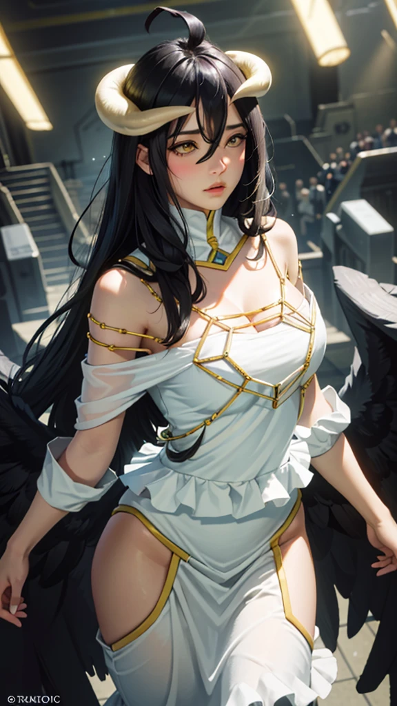 Masterpiece, Best quality, Ultra-detailed, illustration, epic lighting, Cinematic composition, isometry,(hexagons:1.2), 1girll, Horns, Solo, Yellow eyes, Black hair, Long hair, (Low wing:1.2), Large cleavage, Bare shoulders, hair between eye, Medium breasts, (White dress:1.1), Golden decoration, Detached collar, view the viewer, Semi-closed Eyes, (view the viewer:1.1), parted lip, Blush, Black feathers fall, Arena, particle fx, (8K:1.1), Albedo (Overlord), nacked, vegina, Big , without clothes
