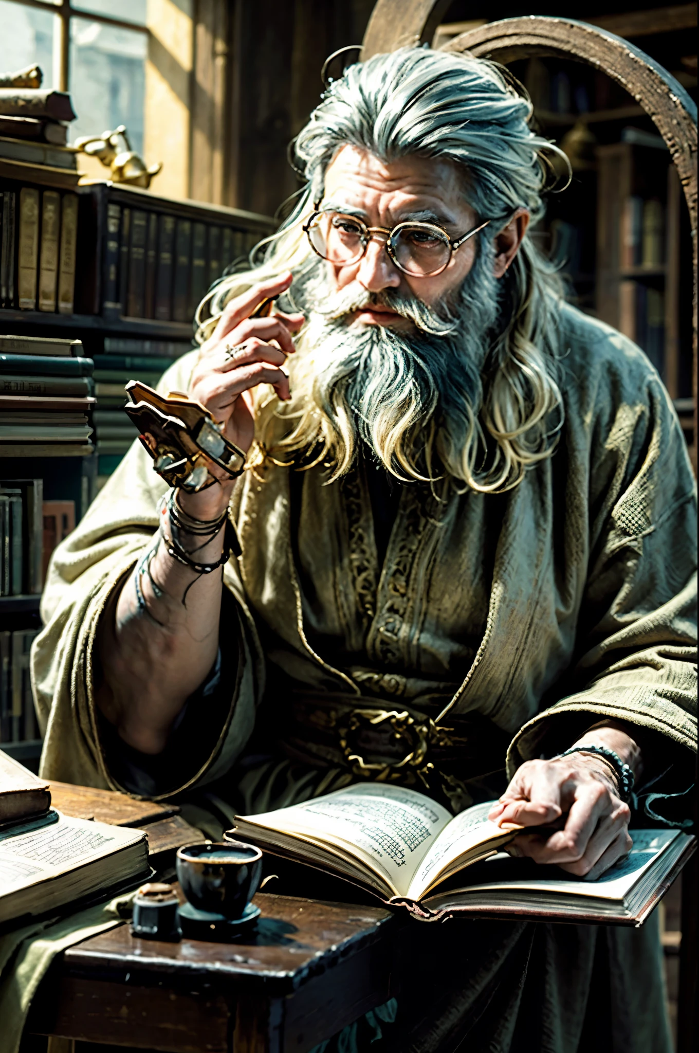 An oldery man Hermit have white bearded sage, wearing vintage round eyeglass, white ascetic outfit, sitting on the wooden chair, reading an old big book in his hands, in an ancient library, optimistic, adventurous, cinematic lighting, dramatic skies, detailed facial features, detailed clothing, depth of field, photorealistic, highly detailed, 8k, masterpiece