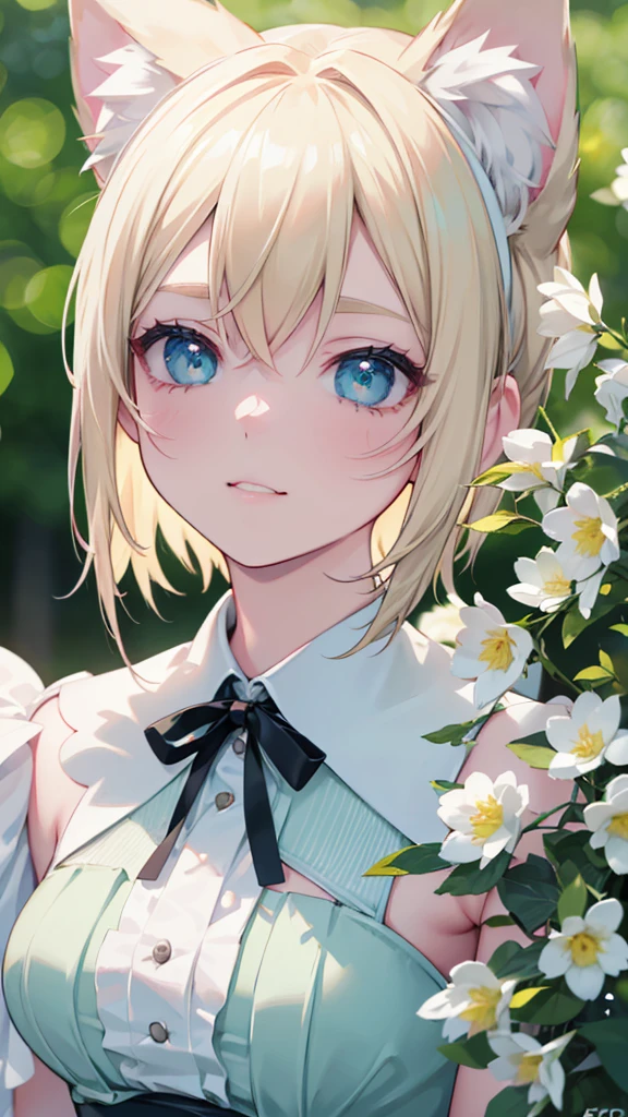1 girl, animal ears, pale blonde hair, ash blonde hair, minty green dress, yellow flowers, mint green flowers, white flowers, blossoms, cute, fun pose, (best quality,4k,8k,highres,masterpiece:1.2),ultra-detailed,(realistic,photorealistic,photo-realistic:1.37),HDR,UHD,studio lighting,ultra-fine painting,sharp focus,physically-based rendering,extreme detail description,professional,vivid colors,bokeh,fantasy,portrait
