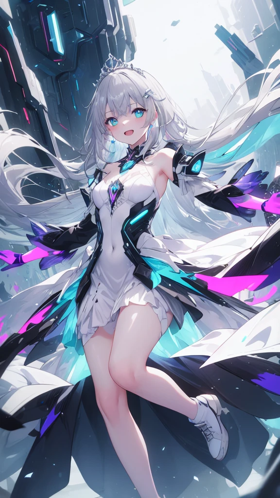(8K, best quality, master piece: 1.3),super high resolution,1 girl, solo, full body ,ultra-detailed face, silme, (silver gray hair), thin hair clip, cyan colorshift eyes, expressive eyes, Ecstatic expression,Princess dress, chiffon, satin, pink, white, tiara, gloves, Futuristic megacity, metallic, neon blue, purple, bright and technological
