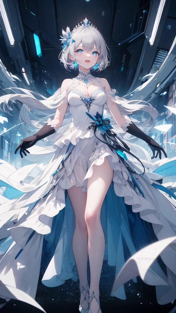 (8K, best quality, master piece: 1.3),super high resolution,1 girl, solo, full body ,ultra-detailed face, silme, (silver gray hair), thin hair clip, cyan colorshift eyes, expressive eyes, Ecstatic expression,Princess dress, chiffon, satin, pink, white, tiara, gloves, Futuristic megacity, metallic, neon blue, purple, bright and technological