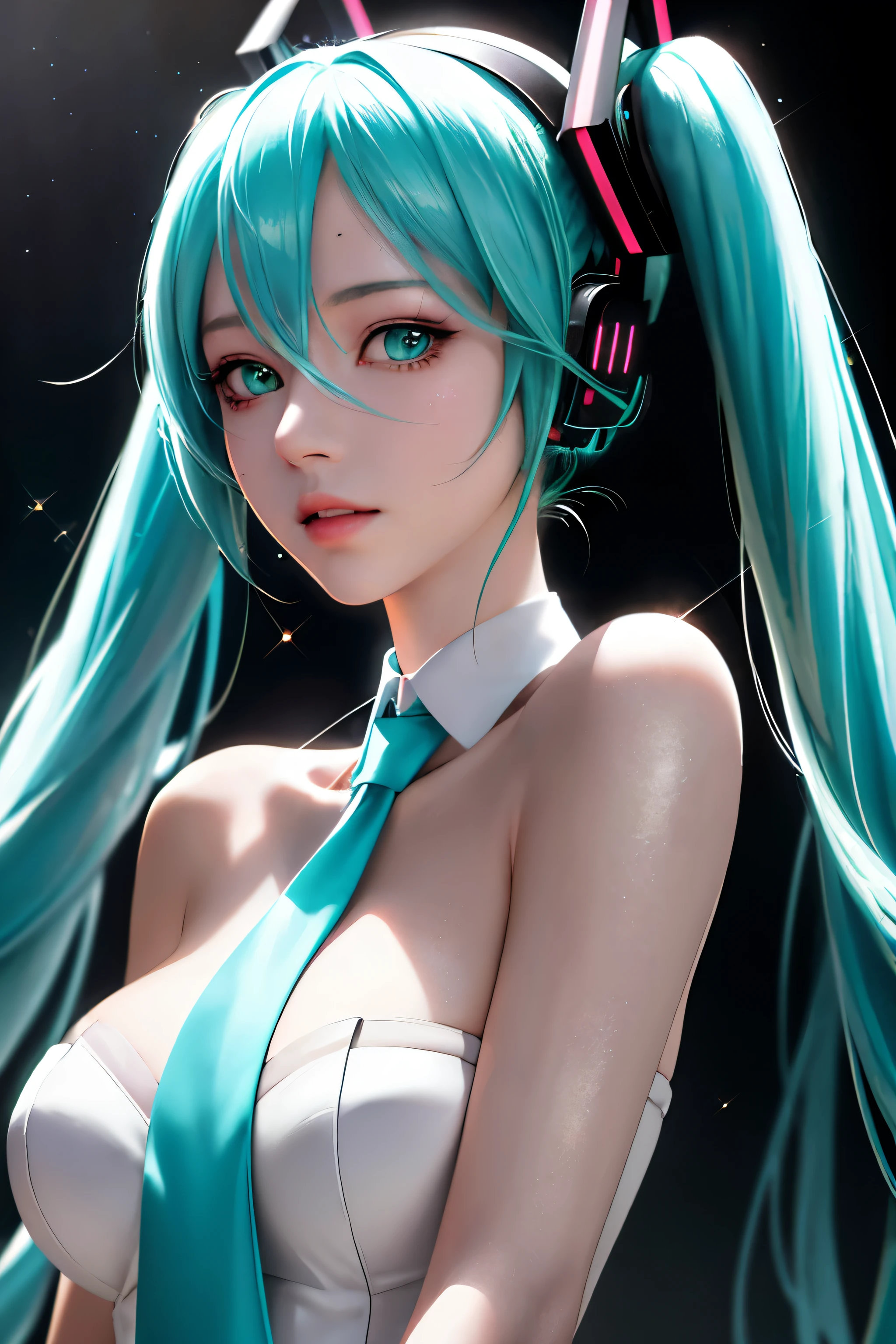 anime, girl, (((1人のgirl))), (((wife, Vocaloid, Miku Hatsune wife))), , (((Long Hair, Twin tail hair))), ((Cyan Eyes:1.3, Upturned eyes: 1, Perfect Eyes, 美しいAttention to detail目, Gradient Eye: 1, Beautiful, detailed eyes: 1, Symmetrical eyes: 1, Big highlight on the eyes: 1.2, Hoshino Ai&#39;s Star Eyes)), (((Shiny skin: 1.5, Light Skin: 1.5, Pale skin, Glowing Skin, Very Glowing Skin, Shiny body, Plastic Glitter Skin, Exaggerated Glowing Skin, Glowing Skin))), (Detailed body, (Detailed face)), young, Idol Pose, (Highest quality), , Modest clothing, Covering the skin, High resolution, Sharp focus, Super detailed, Very detailed, Very high quality artwork, (Realistic, PhotoRealistic: 1.37), 8k_wallpaper, (Very detailed CG 8k), (非常に精細な8k CG), ((Hyper Super Super detailed Perfect Piece)), (((A perfect masterpiece))), figure, Vibrant colors, (Complex), High Contrast, Selective lighting, Double exposure, High resolution (High Dynamic Range), Post-processing, Background Blur, High Quality Shadows, Attention to detail, Realistic, Cinematic Light, Side light, Lens flare, Ray Tracing, Sharp focus,