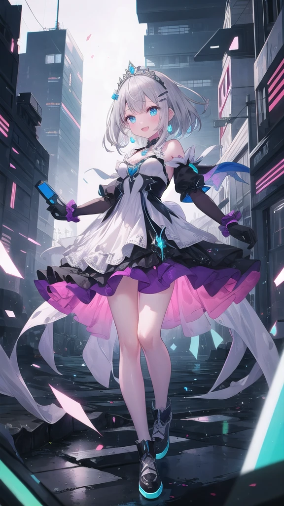 (8K, best quality, master piece: 1.3),super high resolution,1 girl, solo, full body ,ultra-detailed face, silme, (silver gray hair), thin hair clip, cyan colorshift eyes, expressive eyes, Ecstatic expression,Princess dress, chiffon, satin, pink, white, tiara, gloves, Futuristic megacity, metallic, neon blue, purple, bright and technological