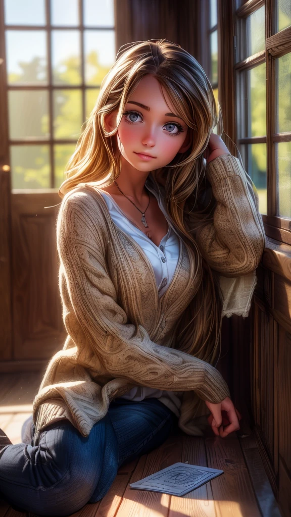 a young girl lying in the hallway of a wooden school building, beautiful detailed eyes, beautiful detailed lips, extremely detailed eyes and face, longeyelashes, school uniform, relaxed pose, sunlight streaming through windows, warm lighting, intricate wood grain textures, (best quality,4k,8k,highres,masterpiece:1.2),ultra-detailed,(realistic,photorealistic,photo-realistic:1.37),intricate architectural details,atmospheric,serene,cozy,soft colors,natural lighting