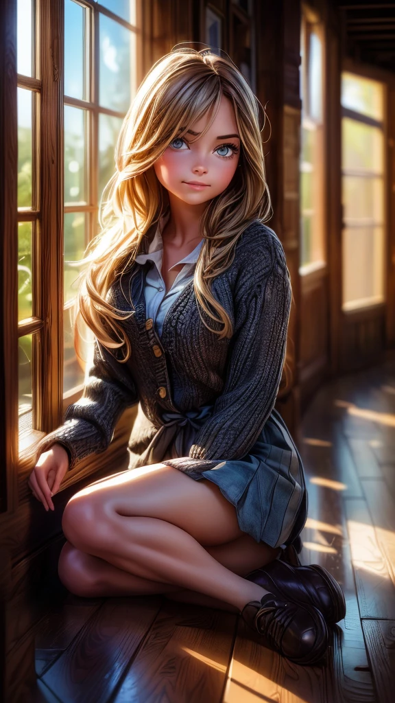 a young girl lying in the hallway of a wooden school building, beautiful detailed eyes, beautiful detailed lips, extremely detailed eyes and face, longeyelashes, school uniform, relaxed pose, sunlight streaming through windows, warm lighting, intricate wood grain textures, (best quality,4k,8k,highres,masterpiece:1.2),ultra-detailed,(realistic,photorealistic,photo-realistic:1.37),intricate architectural details,atmospheric,serene,cozy,soft colors,natural lighting