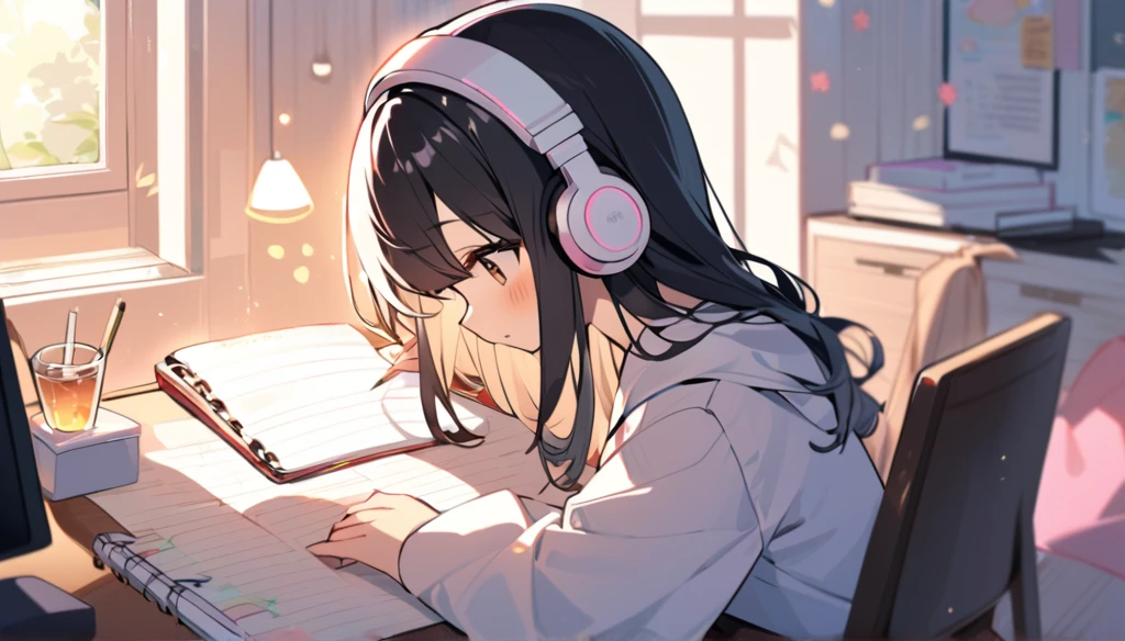 A cute girl is studying on her notebook in her room while wearing headphones。The room is lit up