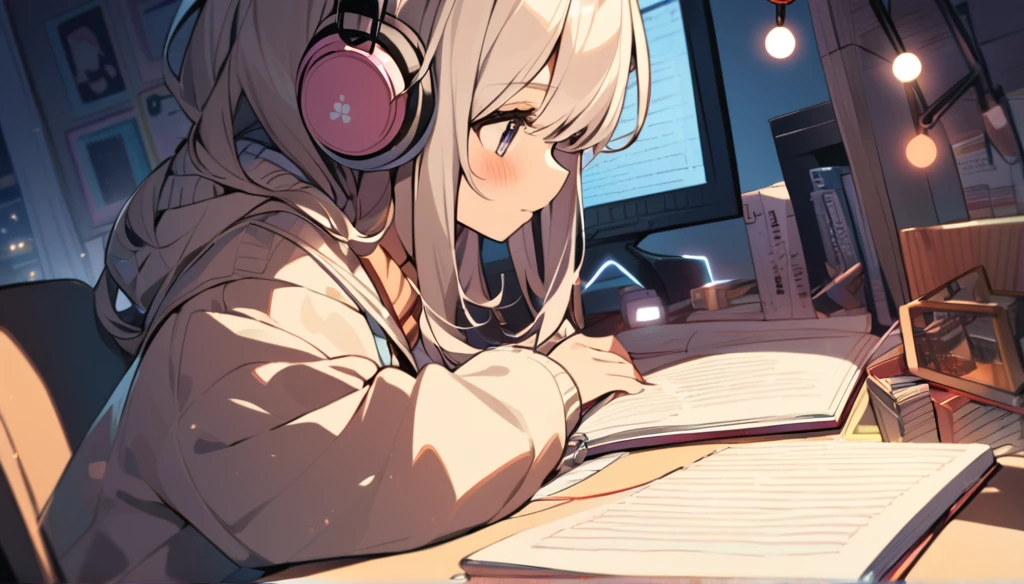 A cute girl is studying on her notebook in her room while wearing headphones。The room is lit up