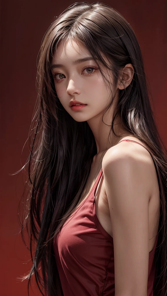 photography, upper body, a 20 yo woman, long hair, dark theme, muted colors, high contrast, (natural skin texture, hyperrealism, soft light, sharp:1.2),(red background, simple background), hyperrealistic, og