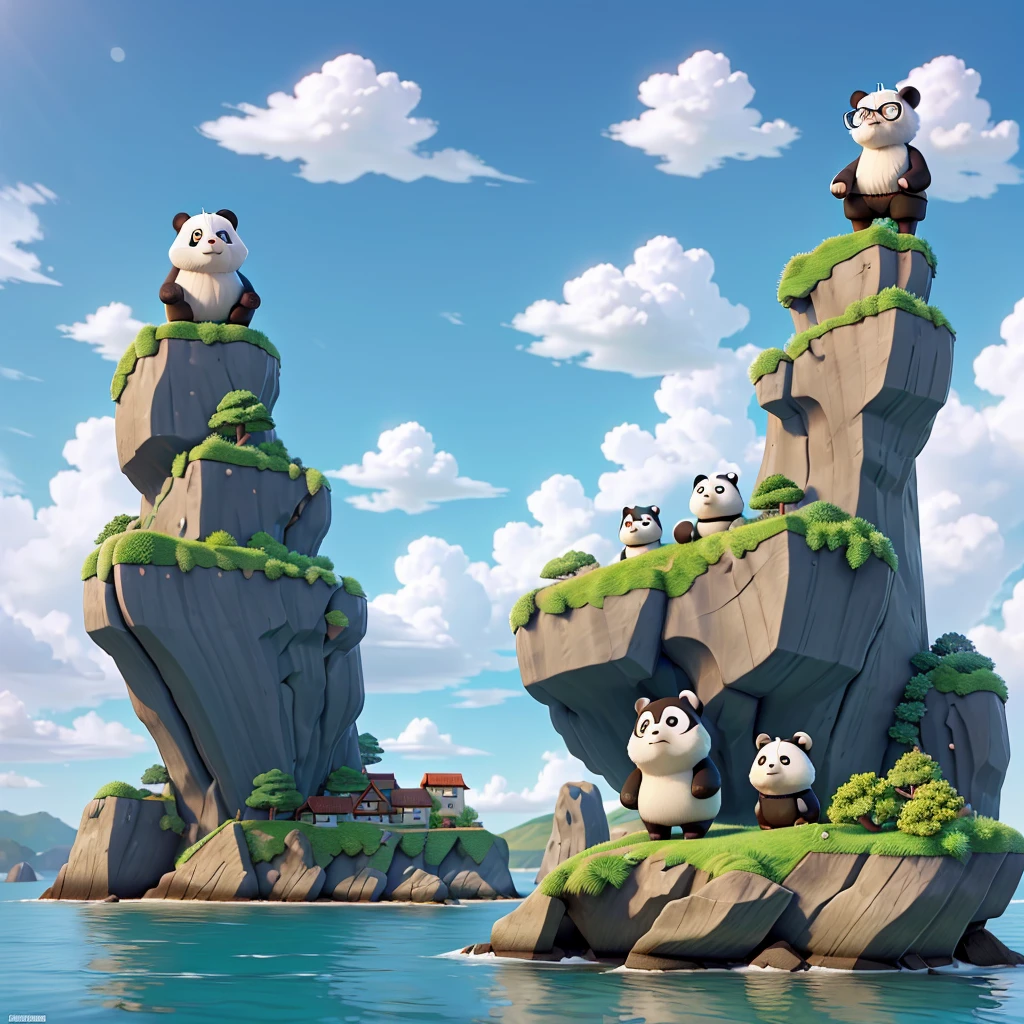 Create a high-quality anime-style image featuring a panda standing on a rocky cliff by the sea. The panda had white hair, a beard, and round glasses. He wears a black and white kimono, black trousers rolled up at the ankles, and wears samurai era footwear. His posture was relaxed, with his hands holding the samurai, looking seriously into the distance. The background consists of a bright blue sky filled with fluffy white clouds. Below the cliffs, there is a calm sea with boats and small coastal villages nestled at the foot of green mountain areas. This scene captures a peaceful and reflective moment, with bright colors and detailed shadows for emphasis