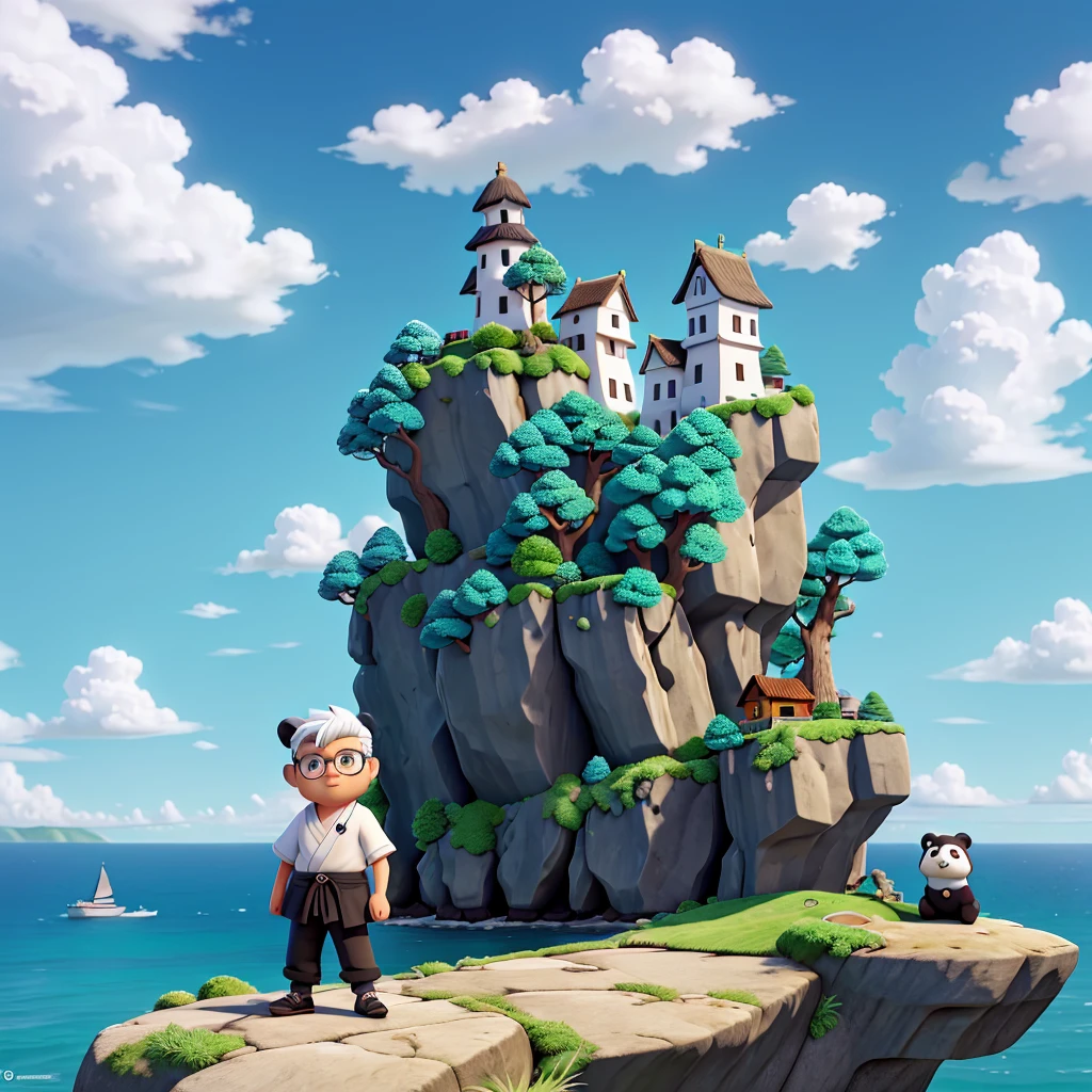 Create a high-quality anime-style image featuring a panda standing on a rocky cliff by the sea. The panda had white hair, a beard, and round glasses. He wears a black and white kimono, black trousers rolled up at the ankles, and wears samurai era footwear. His posture was relaxed, with his hands holding the samurai, looking seriously into the distance. The background consists of a bright blue sky filled with fluffy white clouds. Below the cliffs, there is a calm sea with boats and small coastal villages nestled at the foot of green mountain areas. This scene captures a peaceful and reflective moment, with bright colors and detailed shadows for emphasis