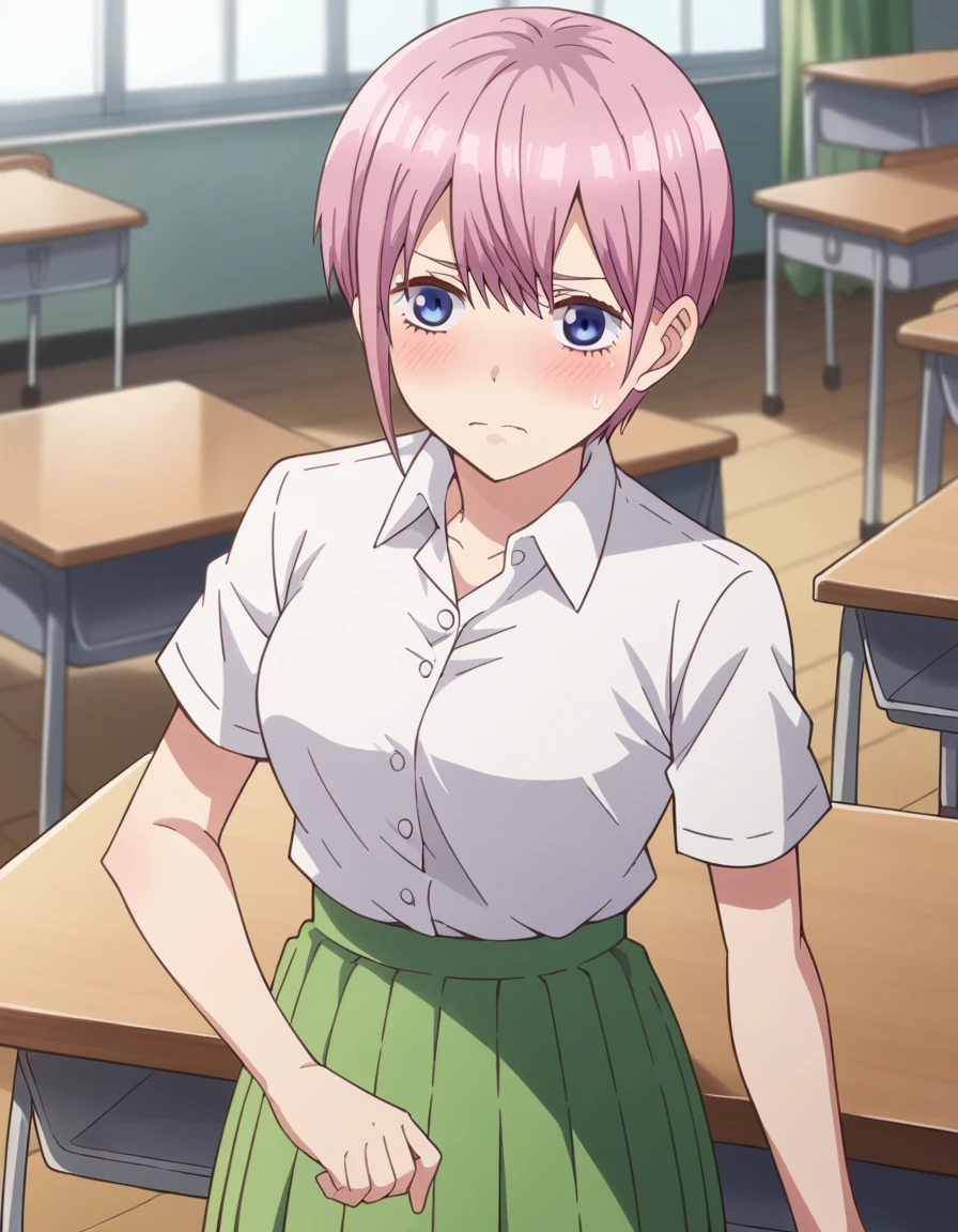 score_9, score_8_superior, score_7_superior, sauce_anime,
ichikanakano, Nakano Ichika, short hair, bangs, blue eyes, Hair between the eyes, Pink Hair, Pixie Cut,
skirt, shirt, , white shirt, Short sleeve, pleated skirt, collared shirt, sweater, green skirt, Waist clothes,
indoor, classroom, Embarrassed