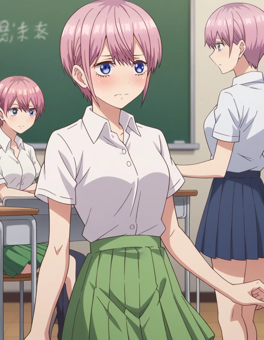 score_9, score_8_superior, score_7_superior, sauce_anime,
ichikanakano, Nakano Ichika, short hair, bangs, blue eyes, Hair between the eyes, Pink Hair, Pixie Cut,
skirt, shirt, , white shirt, Short sleeve, pleated skirt, collared shirt, sweater, green skirt, Waist clothes,
indoor, classroom, Embarrassed
