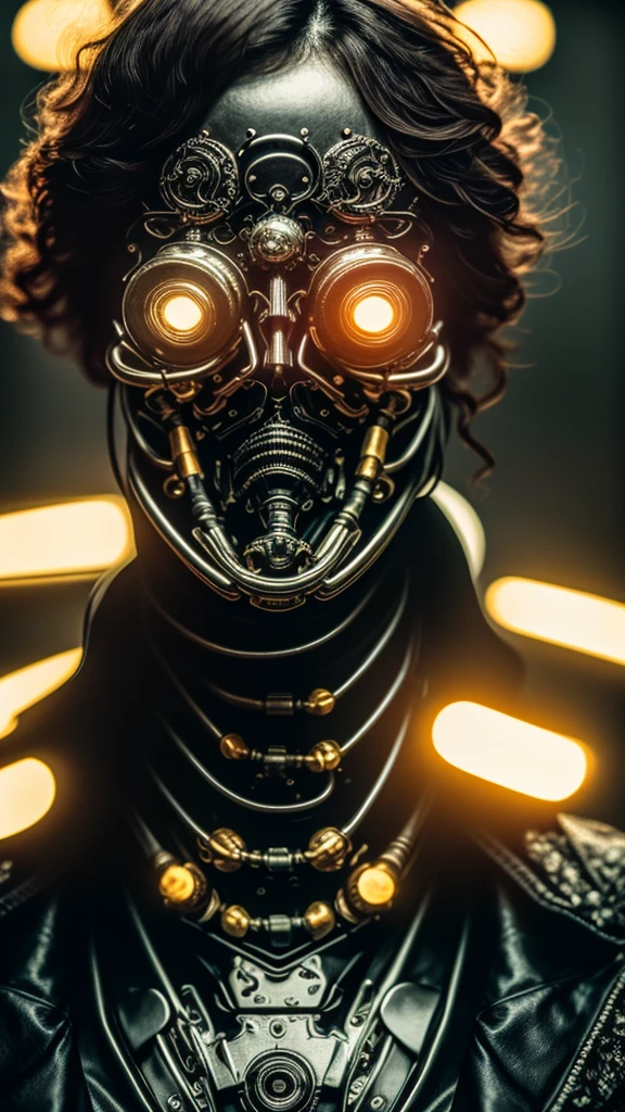 Close-up symmetrical portrait of cyberpunk gangster, biomechanical, mshn robot, orange-red splashes, ultra-realistic, intricate design, (highly detailed:1.4), (very fine detail:1.35), very sharp lines, steel, cinematic lighting, photorealistic, detailed painting by Ayame Kojima and Lilia Alvarado, (top quality, high quality, absurd, intricate details, masterpiece, cinematic), highly detailed, motion blur, film grain, noise, lens effects,