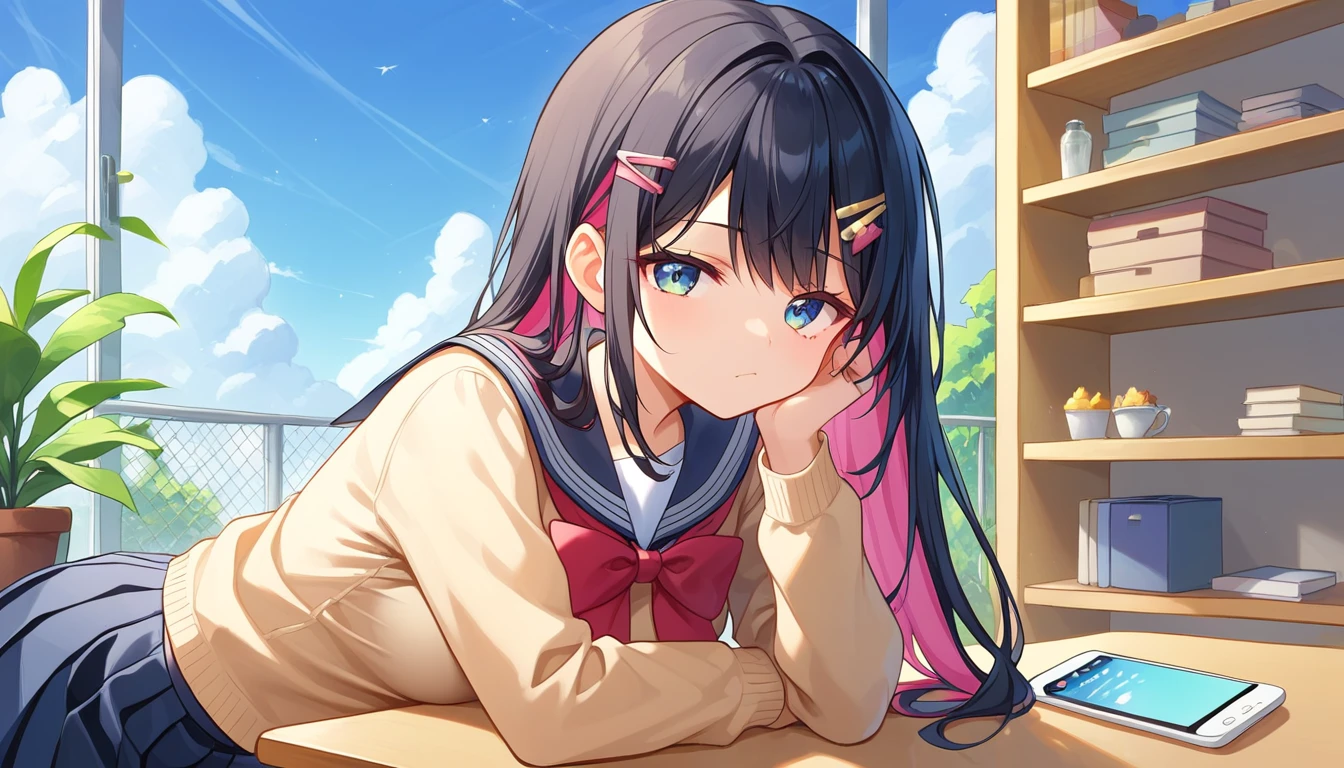 ((1girls:1.3)),((moe style:1.3)), ((school uniform:1.3)), ((multicolored hair:1.3)), ((bored look:1.3)), cowboy shot, ((phone:1.3)), ((harbor:1.3)), ((perfect face)), ((extremely cute:1.3)), ((masterpiece:1.3)), ((8k)), ((best quality:1.3)), ((beautiful)), ((extremely detailed:1.3)) , ((absurdres)), ((score_9:1.3)), ((score_8_up:1.3)), ((score_7_up:1.3)), AddXL,Expressiveh