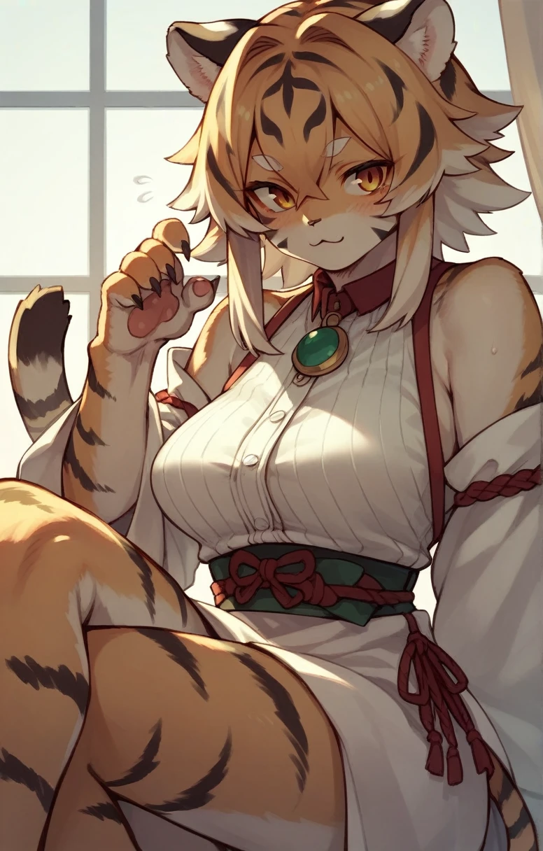 alone,kemono,Cat girl,(Tiger Girl),Women's furry mini cute style,No background,humanoid cheetah,Fantasy,Japanese clothing,No light,