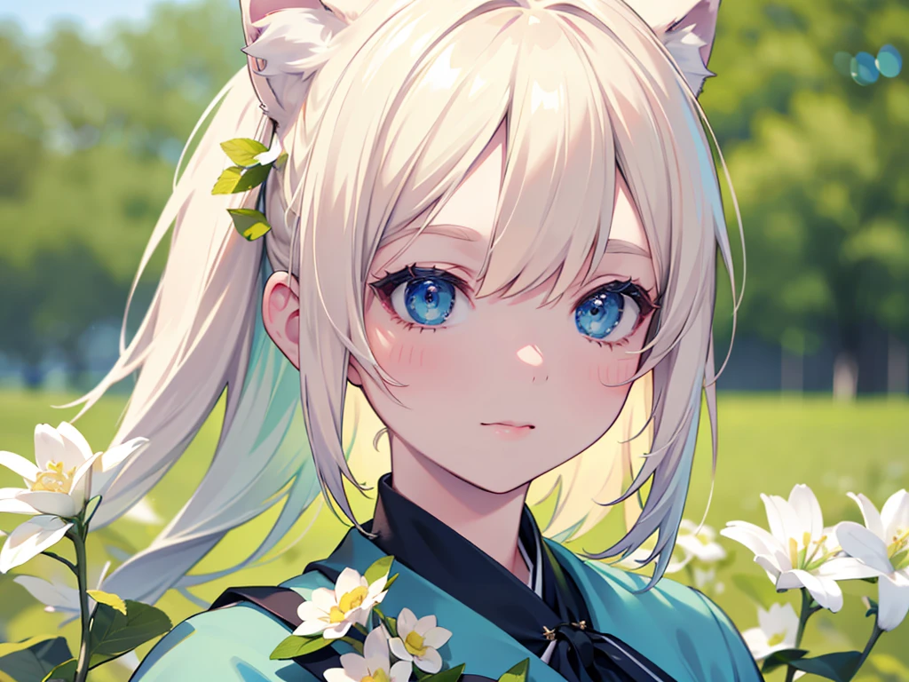 1 girl, animal ears, pale blonde hair, ash blonde hair, minty green dress, yellow flowers, mint green flowers, white flowers, blossoms, cute, fun pose, (best quality,4k,8k,highres,masterpiece:1.2),ultra-detailed,(realistic,photorealistic,photo-realistic:1.37),HDR,UHD,studio lighting,ultra-fine painting,sharp focus,physically-based rendering,extreme detail description,professional,vivid colors,bokeh,fantasy,portrait