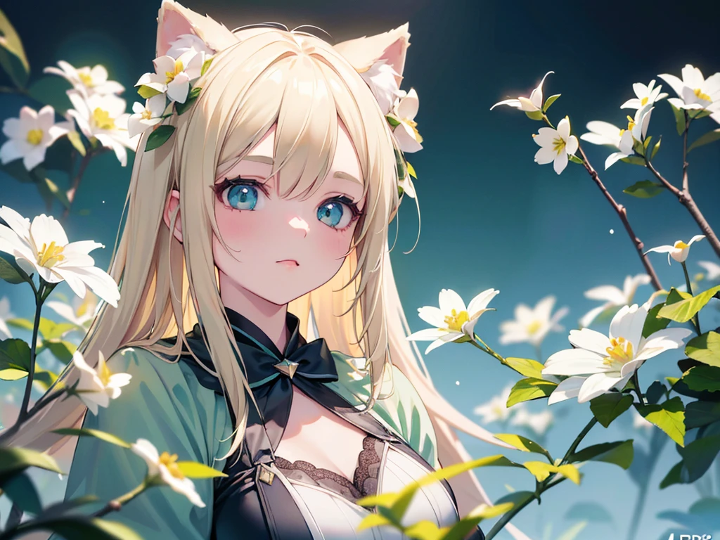 1 girl, animal ears, pale blonde hair, ash blonde hair, minty green dress, yellow flowers, mint green flowers, white flowers, blossoms, cute, fun pose, (best quality,4k,8k,highres,masterpiece:1.2),ultra-detailed,(realistic,photorealistic,photo-realistic:1.37),HDR,UHD,studio lighting,ultra-fine painting,sharp focus,physically-based rendering,extreme detail description,professional,vivid colors,bokeh,fantasy,portrait