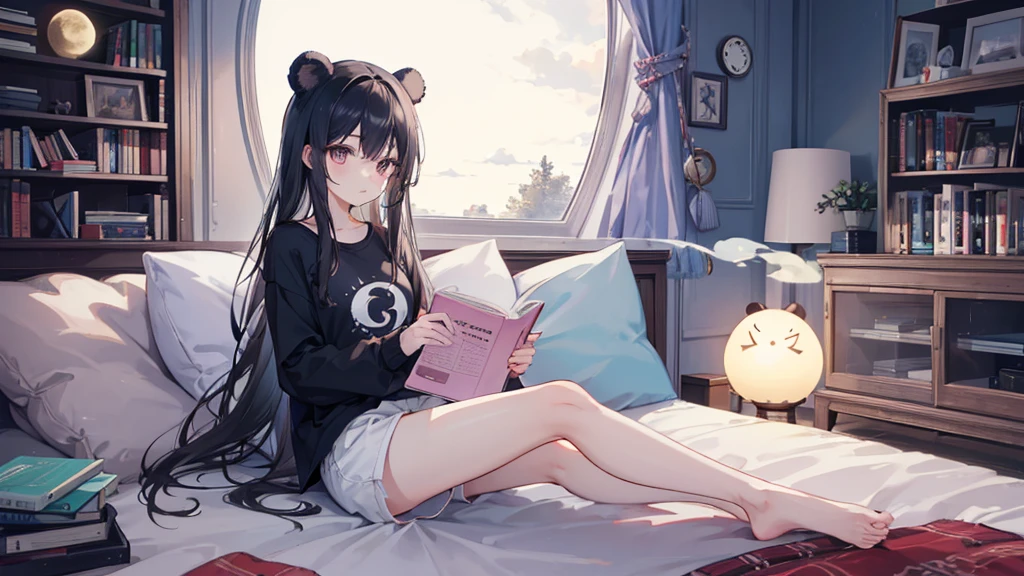 line art, one woman, alone, long hair, black hair, long-sleeved shirt, sit, void, shorts, Barefoot, cloud, indoor, pillow, book, Barefoot, window, bed, nighttime, on bed, plush toys, moon, 動物のplush toys, curtain, star (void), nighttime void, machinery, starry void, bubble, teddy bear, pajamas, clock, bookshelf, lamp, bedroom, crescent moon, shelf,