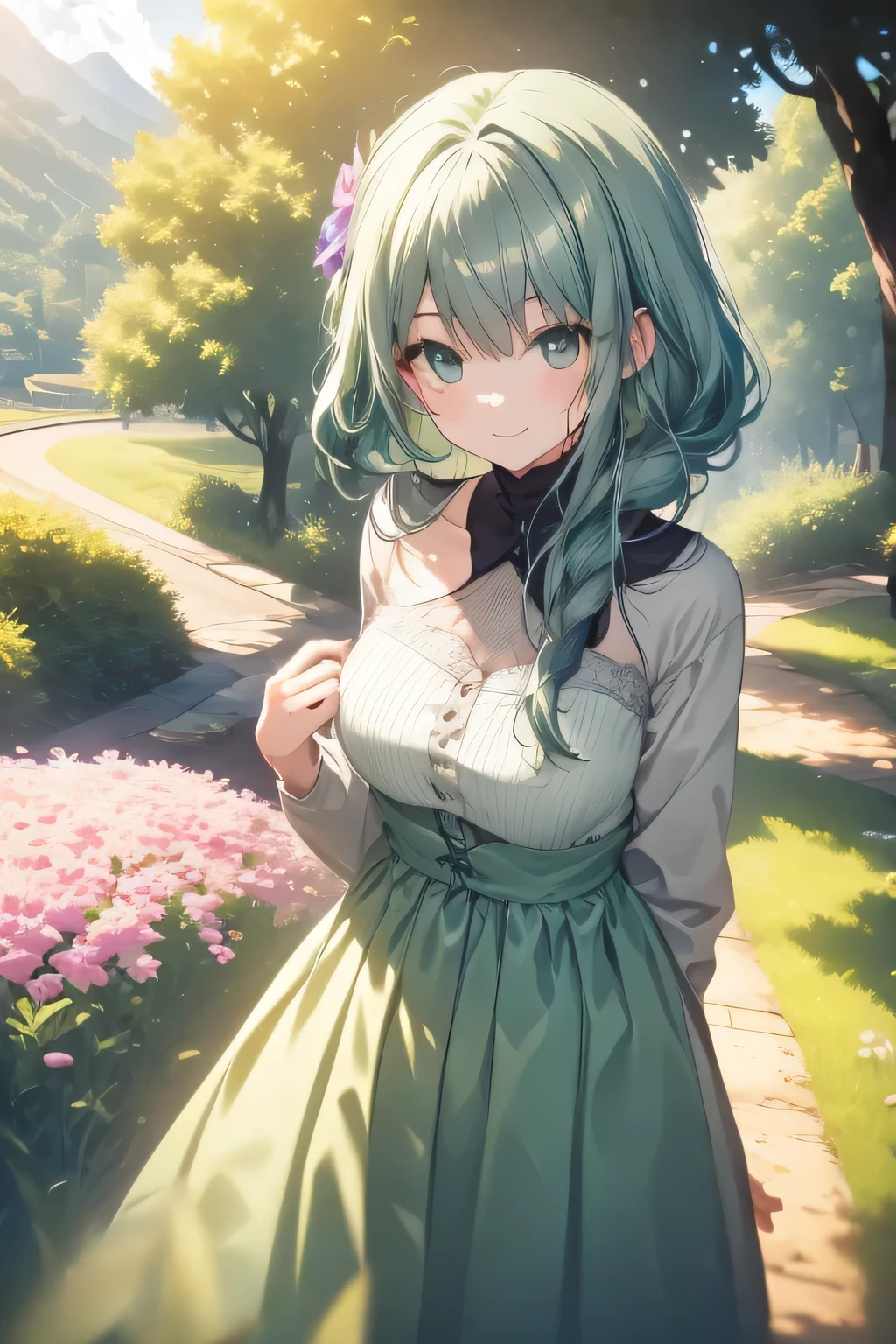 Green Dress,Gray Hair,girl,
Long Hair, smile, Green Eyes