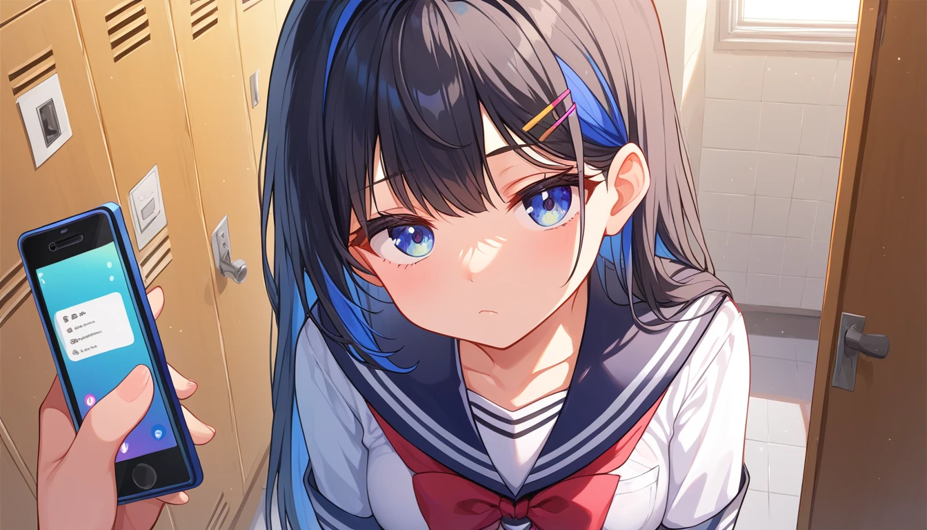 ((1girls:1.3)),((moe style:1.3)), ((school uniform:1.3)), ((multicolored hair:1.3)), ((bored look:1.3)), cowboy shot, ((phone:1.3)), ((changing room:1.3)), ((perfect face)), ((extremely cute:1.3)), ((masterpiece:1.3)), ((8k)), ((best quality:1.3)), ((beautiful)), ((extremely detailed:1.3)) , ((absurdres)), ((score_9:1.3)), ((score_8_up:1.3)), ((score_7_up:1.3)), AddXL,Expressiveh