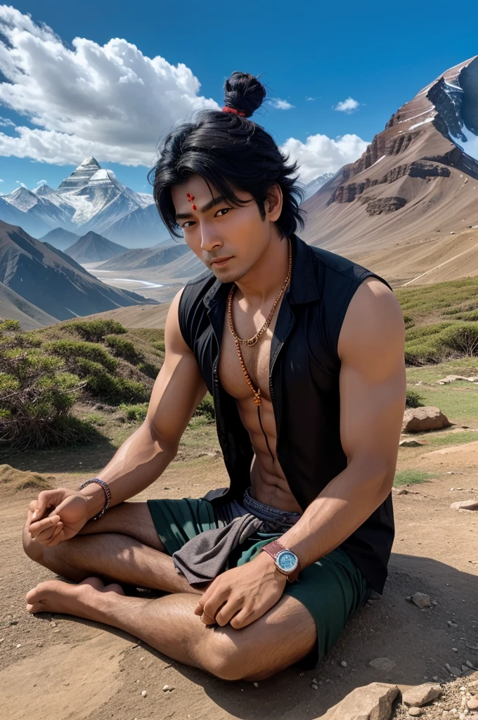 Mahadev looking like a Korean men who is shiting at top of kailash mountain 